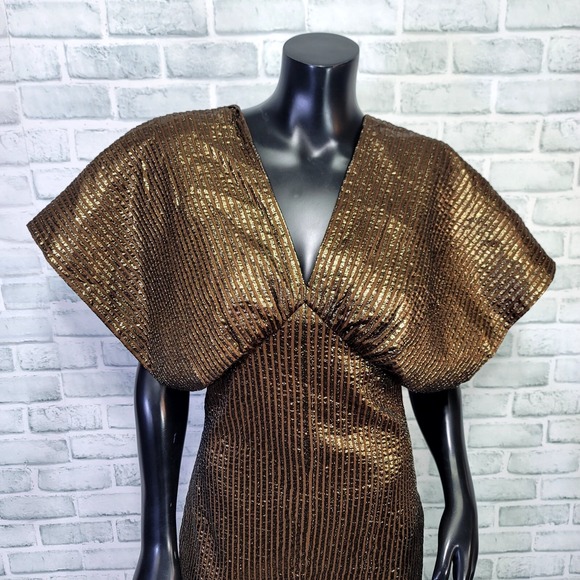 Vintage 70s Julia Womens M Brown Gold Taffeta Ribbed Dolman Sleeeve Disco Dress - Picture 3 of 14